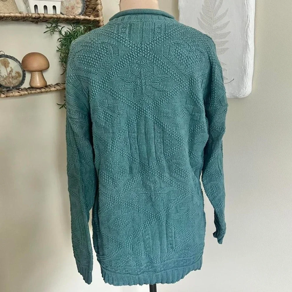 Vintage 80's‎ 90's Teal Knit Mock Neck Embossed Sweater